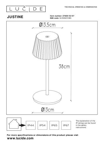 Lucide JUSTINE - Rechargeable Table lamp Indoor/Outdoor - Battery pack/batteries - LED Dim. - 1x2W 2700K - IP54 - With wireless charging pad - Rust Brown - technical